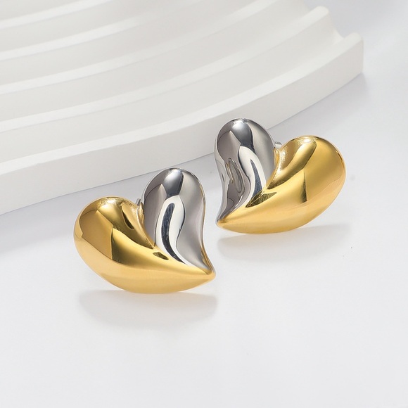 Chunky Heart Earrings*Two Tone Heart Earrings* - Picture 2 of 5
